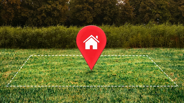 Red house icon on grass with dotted line