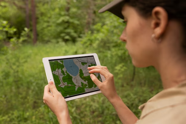 woman holding a tablet with a map displayed