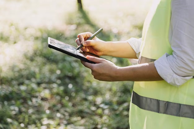 Person in a safety vest using a tablet