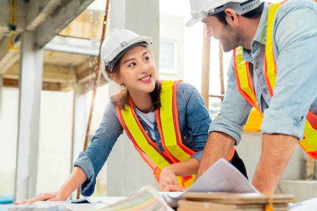 Two individuals in safety vests and helmets