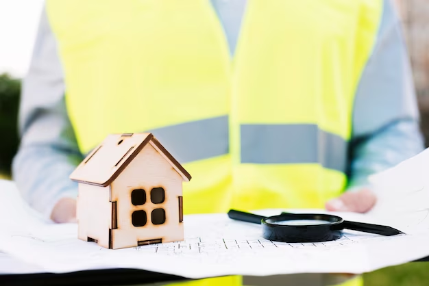 Person in a safety vest handing documents with a miniature house and magnifying glass