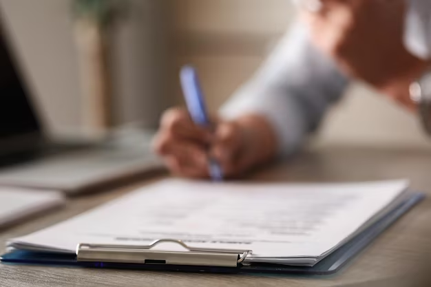 Person writing on a document