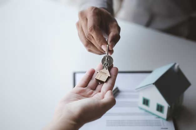 Hand transferring a house key to another hand