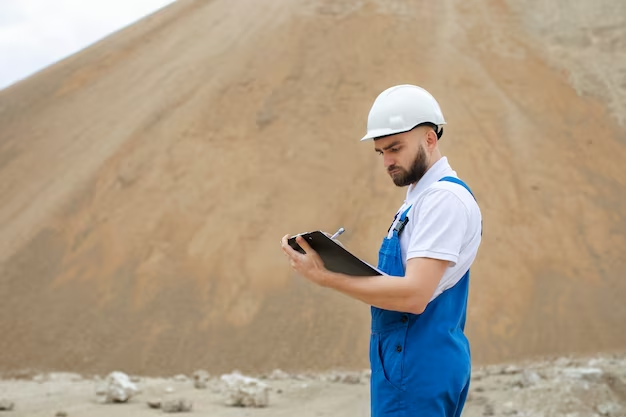 A man in safety helmet and overalls writing on a document